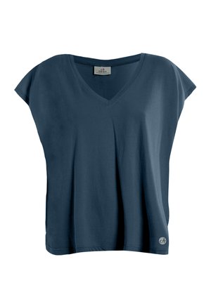 Tricou bleumarin cu guler în V, realizat din material moale, cu mâneci scurte, croială lejeră și un mic logo pe partea dreaptă jos.