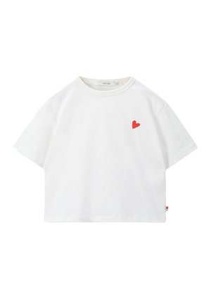 Weißes T-Shirt mit kurzen Ärmeln und rotem Herz-Logo auf der linken Brust, aus Baumwolle gefertigt, mit lockerer Passform und rundem Halsausschnitt.