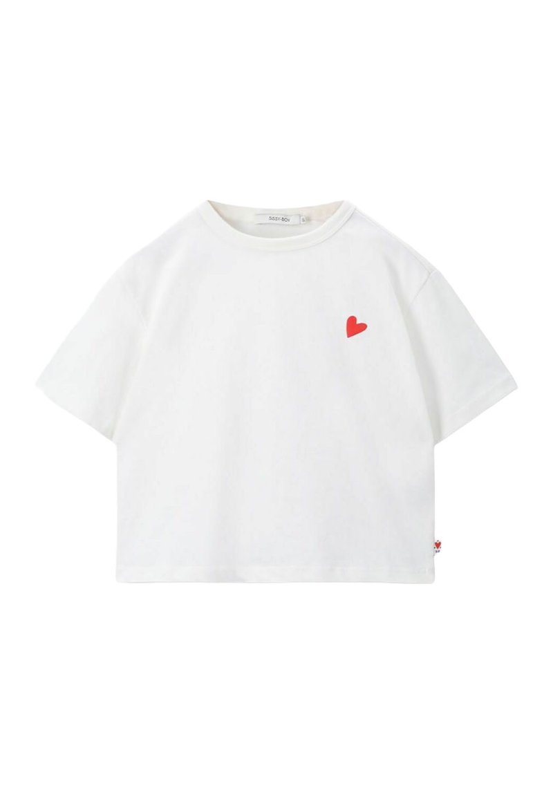 Witte t-shirt met korte mouwen en een rode hartlogo op de linkerkant van de borst, gemaakt van katoen, met een relaxte pasvorm en ronde hals.