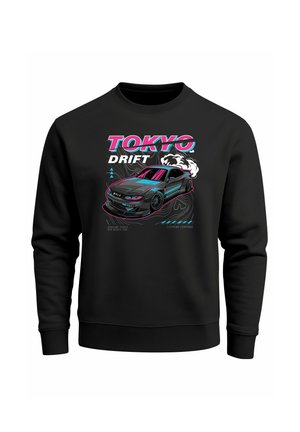 Black sweatshirt featuring a colorful "TOKYO DRIFT" graphic, a car illustration, and cloud accents in pink and blue tones.