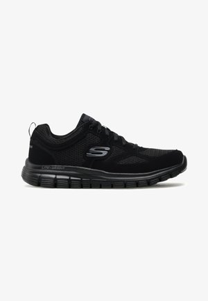 Scarpa atletica leggera nera Skechers con tessuto in rete, design con lacci e suola segmentata flessibile, mostrata in profilo laterale.