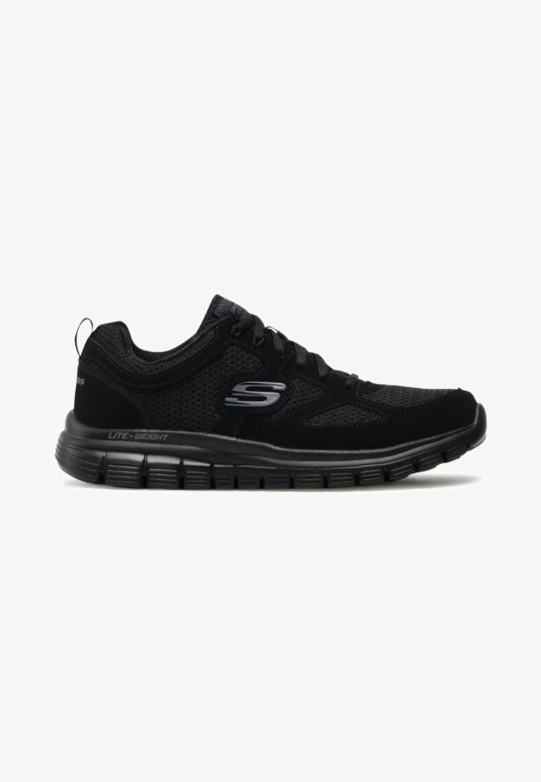 Mustad mustkade Skechers kerge sportlik king, millel on võrgukangas, paeltega disain ja paindlik segmentne talla, näidatud külgprofilis.
