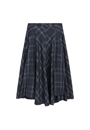 Granatowo-czarna spódnica w kratę o kroju litery A, z długością do połowy łydki i ukrytym suwakiem z tyłu.
