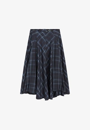 Donkerblauwe en zwarte geruite A-lijn rok met een middellange zoom en een verborgen ritssluiting aan de achterkant.