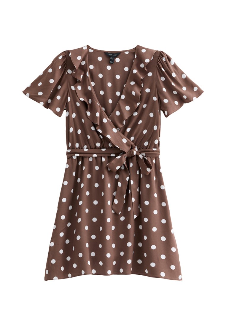 princess polly baby blue dress New Look POLKA-DOT WRAP-FRONT MINI - Jersey dress - brown pattern/brown