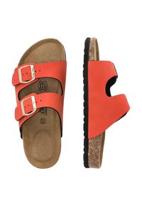 Deux sandales orange avec deux sangles réglables à boucle, semelle en liège et semelle en caoutchouc noir. Design ouvert avec un dessus texturé.