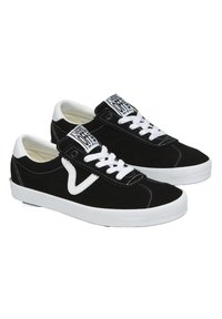 Black suede sneakers with white laces, white rubber soles, and a signature V logo on the side. Features contrasting white stitching.