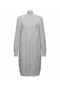 Robe tricotée grise avec un col montant, des manches longues et un motif losange sur le devant. Texture douce avec des poignets et un ourlet côtelés.