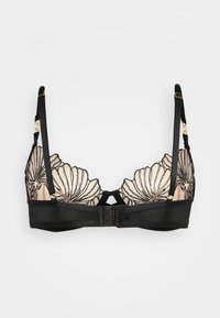 Black bra with floral embroidery in cream and black. Features adjustable straps, a hook-and-eye closure, and a soft texture.