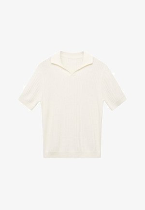 Short-sleeve polo shirt in textured cream knit with a flat, open collar and ribbed trim. Features a subtle, raised pattern throughout.