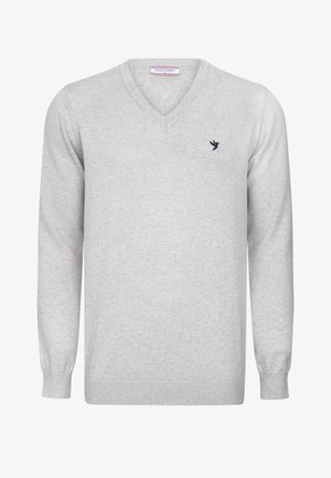 Lichtgrijze V-hals lange mouw trui met geribbelde manchet en onderrand, klein donker vogel logo op de linkerborst en Felix Hardy label aan de binnenkant van de kraag.