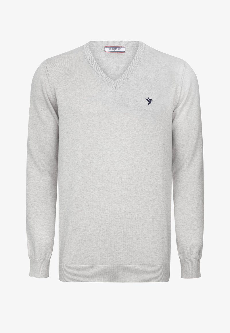 Lichtgrijze V-hals lange mouw trui met geribbelde manchet en onderrand, klein donker vogel logo op de linkerborst en Felix Hardy label aan de binnenkant van de kraag.