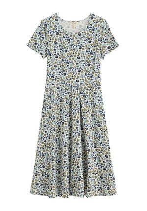 Robe midi blanche à manches courtes avec col rond, présentant un motif floral vert, bleu et noir sur toute la surface et une taille froncée.