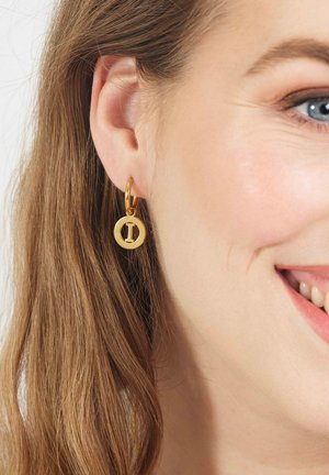 Gouden hoepel oorbellen met ronde hangers die een uitgesneden ontwerp hebben. Het oppervlak lijkt glad en gepolijst, waardoor het licht weerkaatst.