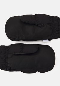 Schwarze Handschuhe mit einer Ledermanschette und isolierendem Stoff, ausgestattet mit elastischen Bündchen und einer glatten Textur, entworfen für Wärme und Schutz.