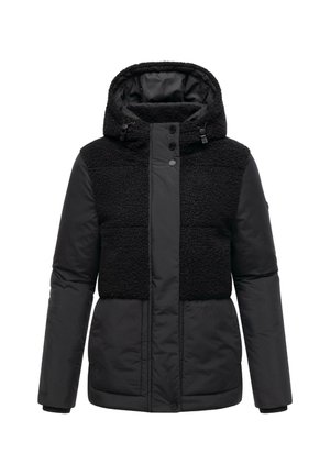 Giacca nera con una combinazione di tessuto liscio e testurizzato. Caratterizzata da un cappuccio, bottoni a pressione e un design imbottito per il calore.