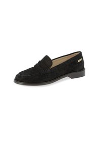 Mocassino in suede nero con tacco basso, punta tonda, cuciture decorative e un piccolo accento dorato di lato. Textura luccicante su tutta la superficie.