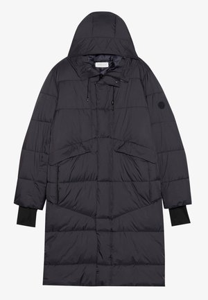 Manteau d'hiver noir long avec capuche, comportant des sections matelassées, des poches avant et des poignets élastiques. Texture lisse et cordon de serrage ajustable.
