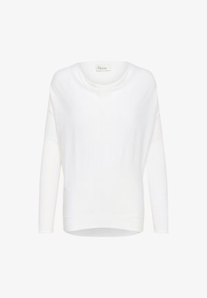 White knit sweater with a wide round neckline, long sleeves, and a relaxed fit. Material appears soft with a smooth texture.
