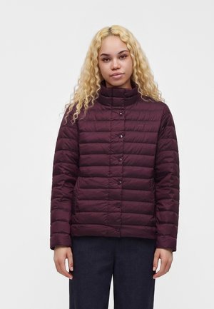 Jonge vrouw met lang krullend blond haar, gekleed in een donkerpaarse doorgestikte jas en donkere broek tegen een effen achtergrond.
