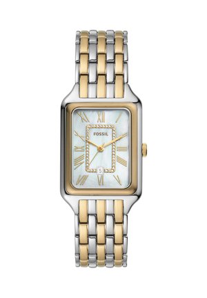 Montre-bracelet bicolore Fossil avec cadran rectangulaire en nacre, chiffres romains dorés, accents en cristal et affichage de la date à 6 heures.