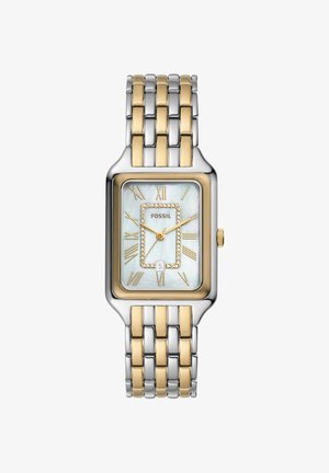 Montre-bracelet bicolore Fossil avec cadran rectangulaire en nacre, chiffres romains dorés, accents en cristal et affichage de la date à 6 heures.
