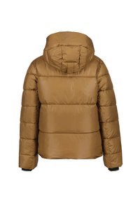 Veste matelassée marron avec capuche, manches longues et coutures horizontales, vue de dos sur fond blanc.