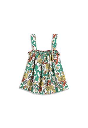 Haut sans manches pour tout-petit avec encolure élastique, motif floral vert, jaune et rouge sur fond blanc.