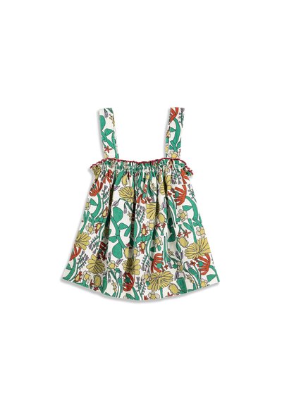 Haut sans manches pour tout-petit avec encolure élastique, motif floral vert, jaune et rouge sur fond blanc.