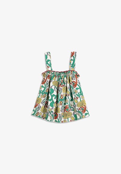 Haut sans manches pour tout-petit avec encolure élastique, motif floral vert, jaune et rouge sur fond blanc.