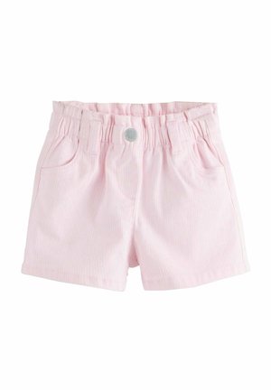 Jasnoróżowe spodenki dla malucha z elastycznym paskiem w talii, dwoma przednimi kieszeniami, szlufkami na pasek i pojedynczym zapięciem na guzik z przodu.