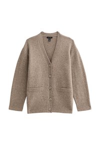 Beige ullkofta med V-hals, knappstängning, ribbade ärmar och två framfickor. Mjuk textur, avslappnad passform och klassisk design.