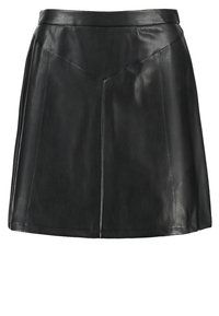 Gonna mini in pelle nera con vita aderente, cuciture strutturate e una texture liscia. Caratterizzata da una forma svasata e orlo dritto.