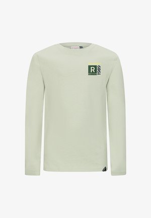 Helles graues Langarmshirt mit rundem Ausschnitt, kleinem Brustdruck mit der Aufschrift "The Original Retour 1989" in Grün, Gelb und Schwarz.