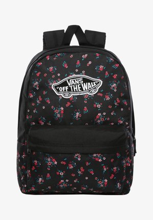 Mochila negra de Vans con pequeños patrones florales en rojo, rosa y verde azulado, bolsillo frontal con cremallera y parche con el logo "Vans Off The Wall" en la parte delantera.