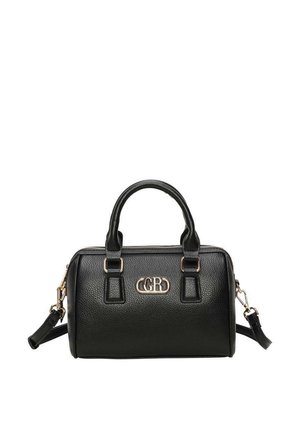 Sac à main en cuir noir texturé avec double poignée, bandoulière amovible, ferrures dorées et plaque métallique frontale avec le logo « GRD ».