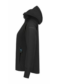 Chaqueta blanda negra con capucha, que cuenta con un bolsillo lateral con cremallera y acentos azules. Textura suave, diseño ajustado y mangas largas.