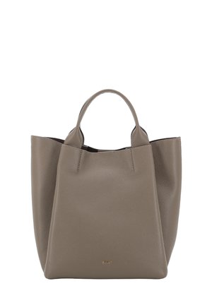 Taupe-colored leather tote bag with two short handles and a small gold logo on the front center.