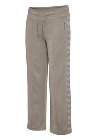 Beige Jogginghose mit elastischem Bund, seitlicher Reißverschlusstasche und strukturiertem Chevron-Muster an der Seite. Hergestellt aus weichem Material.