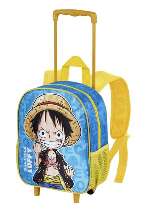 Sac à dos trolley pour enfants bleu et jaune avec un personnage pirate de dessin animé portant un chapeau de paille et deux compartiments zippés.