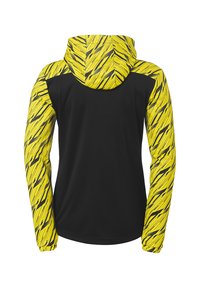 Hættetrøje med lange ærmer i sort med lysgule mønstrede ærmer, der har striber og accenter. Lavet af letvægts, fleksibelt materiale.
