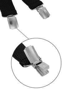 Schwarze geflochtene Hosenträger mit silbernen Metallclips. Jeder Clip verfügt über einen strukturierten Griff für einen sicheren Halt.