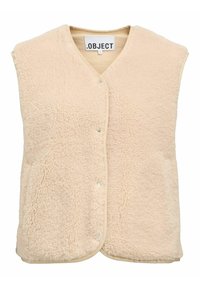 Beige fleece vest med V-hals, ærmeløs design og trykknaplukning, samt en blød, tekstureret overflade og rundet kant.