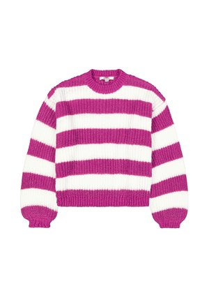 Pull en maille avec larges rayures horizontales rose et blanc, manches longues et col rond.