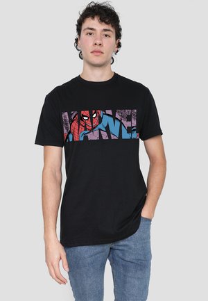 Black cotton t-shirt featuring a colorful graphic print of Spider-Man and the word "MARVEL" across the chest. Short sleeves and crew neck design.