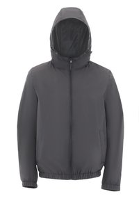 Pilkas gobtuvas striukė su užtrauktuku priekyje, elastiniais rankogaliais ir apačiu. Ypatybės - kvėpuojantis tinklinis pamušalas ir šoninės kišenės. Lygi tekstūra.