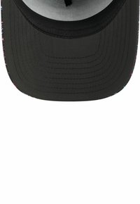 Black cap with a flat brim, featuring a textured surface. The underside of the brim has a colorful pattern with speckles of pink and blue.