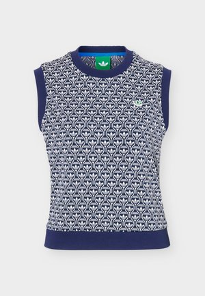 Top azul marino sin mangas con patrón floral blanco repetido, cuello y dobladillo acanalados, y pequeño logo verde de Adidas en el pecho.