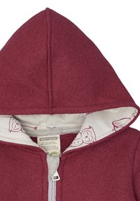 Bordeauxfarbene Zip-Hoodie mit einer weichen Textur, versehen mit einem grauen Futter, das mit Eulenmustern dekoriert ist. Hergestellt aus biologischer Wolle und Baumwolle.