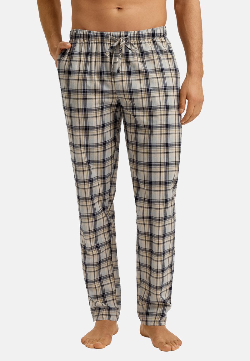 Heren pyjamabroeken in een geruit design met een beige, marineblauwe en zwarte patroon, gemaakt van zachte stof met een elastische tailleband en een trekkoord.